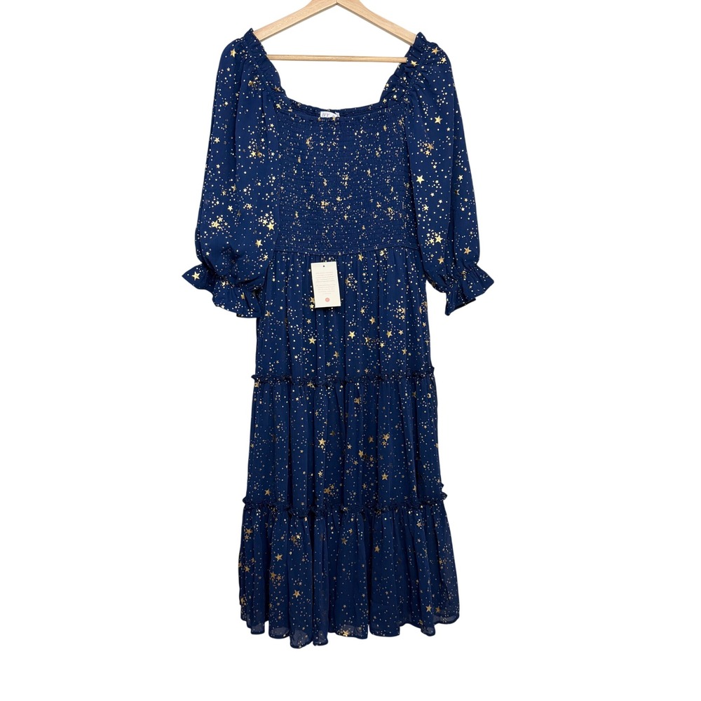 Ivy City Co Starry Nights Dress Navy Blue Gold Star Smocked Midi Medium NEW